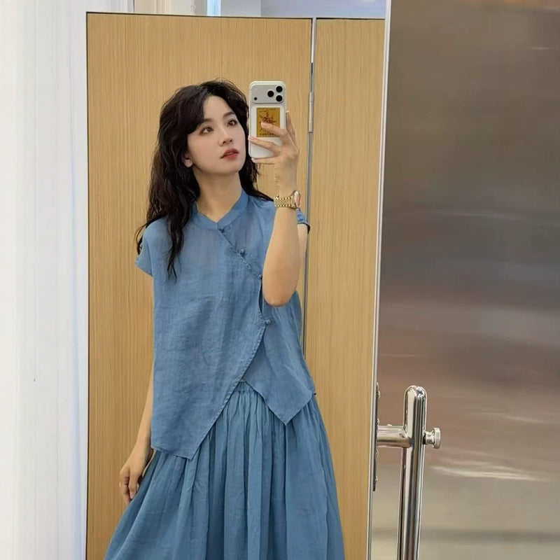 Summer Korean Artistic Ramie Mini Flutter Sleeve Stand Collar Diagonal Placket Lightweight Shirt