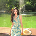 Peacock Blue Floral Halter Backless Dress, Seaside Vacation