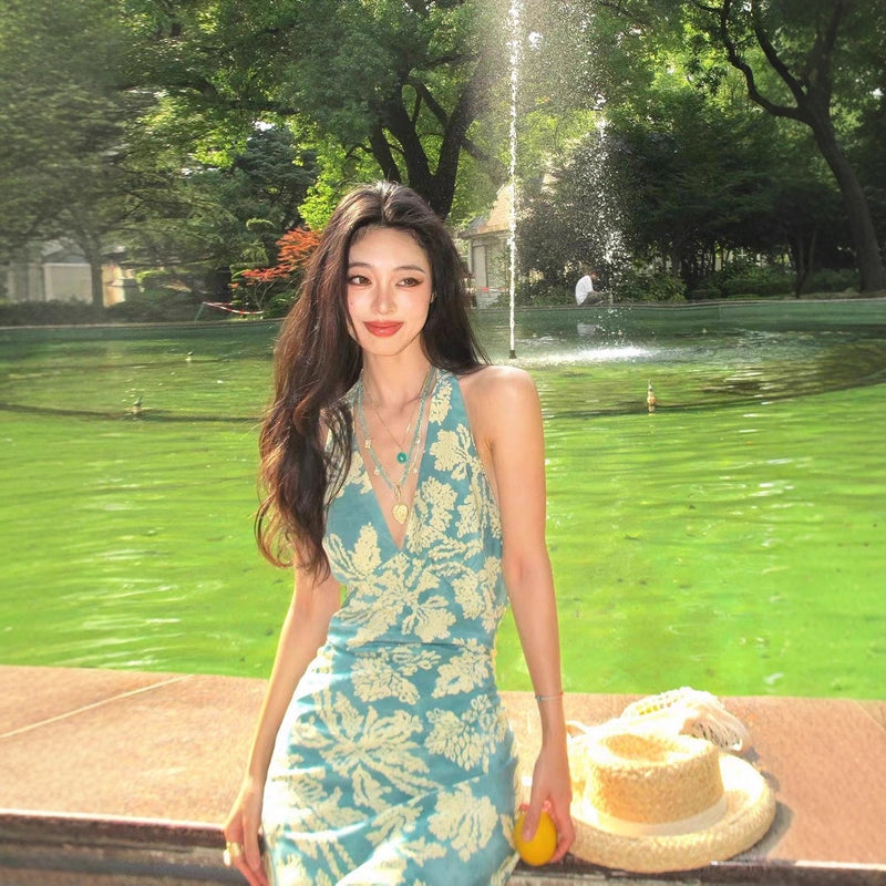 Peacock Blue Floral Halter Backless Dress, Seaside Vacation