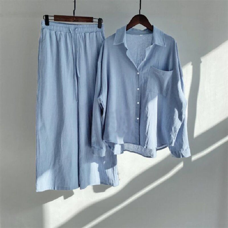 Fall-Winter Artistic Retro Plus Size Linen Cotton High Waist Loose Shirt + Pants 2-Piece Set