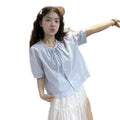 Summer Korean Petite Short Sleeve Tie-Front Patchwork Lace Trim Shirt