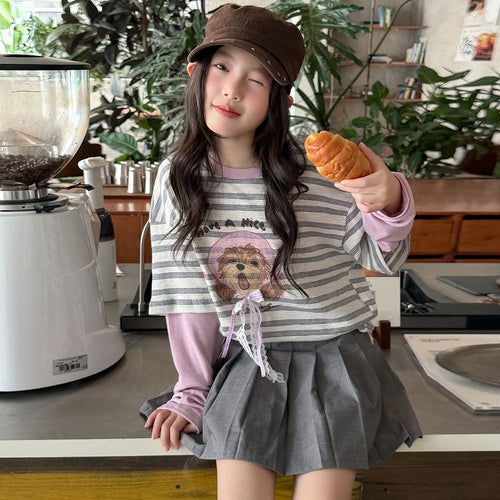 Girls' Pink Puppy Print Faux Layered Tee