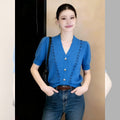 Women's Summer Knit Short Sleeve V-Neck Hollow-Out Cardigan + Top 2026 - Blue
