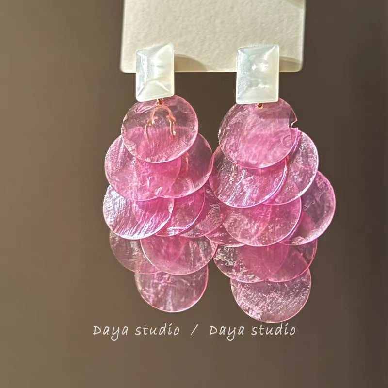 Pink Fabric Flower Tassel Earrings - view 9