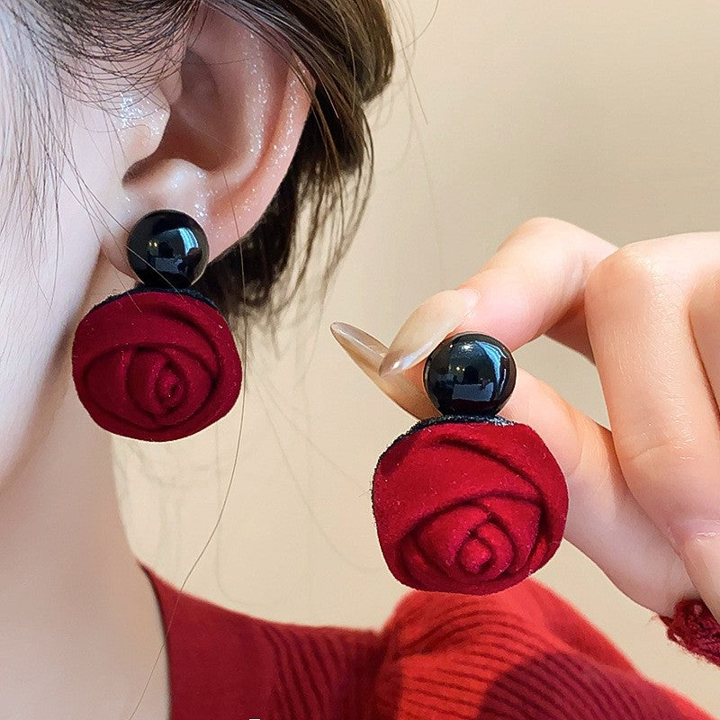 Red Velvet Flower Teardrop Stud Earrings - view 6