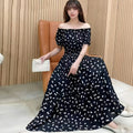 Rayon Floral Off-Shoulder Elastic Waist Bohemian Beach Dress