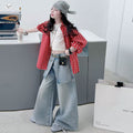 Girls' Red Plaid Long Sleeve Shirt & Asymmetric Jeans - 3-Piece Set