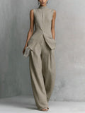 Fashion Elegant Linen Cotton Sleeveless Drapey Shirt + Pants Set