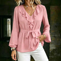 Elegant Slimming Lantern Sleeve Long Sleeve V-Neck Tie-Front Shirt