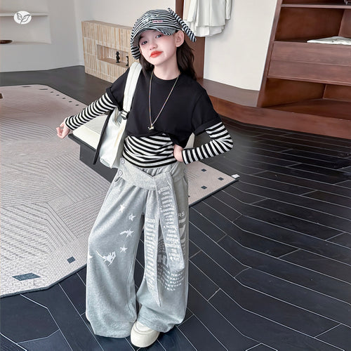 Girls' Striped Faux Layered Tee Strap Wide-Leg Pants Set