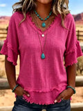 Summer Casual Short Sleeve V-Neck Loose Frayed Shirt