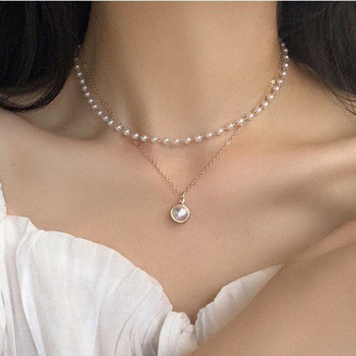 EU/US Import Sweet Simple Pearl Chain Fashionable Clavicle Chain Choker Women Silver Gold Double-Layer Pendant Necklace