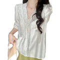 Summer Acetate Tencel Puff Sleeve V-Neck Loose Shirt