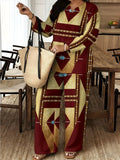 Women's Ethnic Retro Plus Size Long Sleeve V-Neck Printed Drapey Top Set 2026 - 1