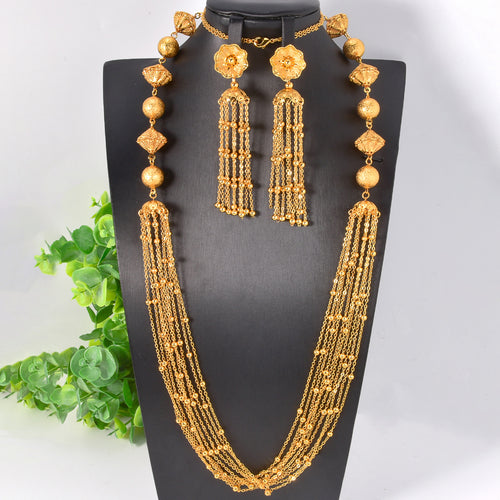 New Middle East Copper Retro Long Style Fringe Round Bead Chain Flower Tassel Jewelry Gold Plated Necklace Earrings Set