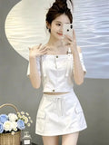 Summer Trendy Fashion Short Sleeve Off-Shoulder Cropped Skirt + Camisole Set