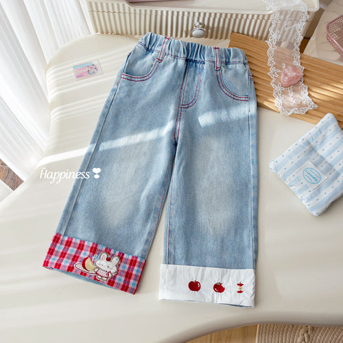 Girls' Plaid Cartoon Embroidered Wide-Leg Jeans