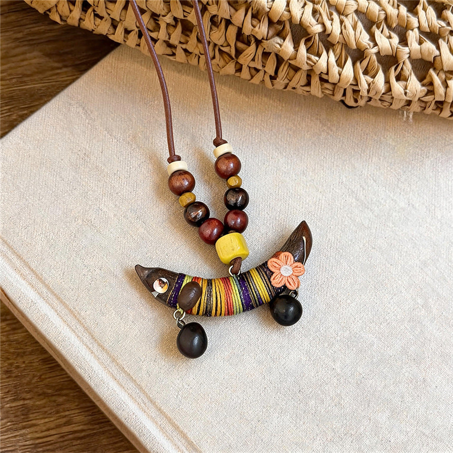 Bohemian Ceramic Bell and Wooden Pendant Necklace - view 8