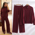 Fall-Winter Casual Fashion Knit Stand Collar Wide Leg Cardigan + Pants 2-Piece Set