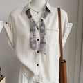 Summer Korean Casual Embroidered Short Sleeve Loose Cuffed Topstitched Shirt