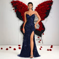 Women's Strapless Sequin Embroidered Mermaid Waist-Cinching Sexy Evening Gown...