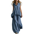 Spring-Summer Casual Fashion Linen Cotton Sleeveless Wide Leg Pants + Top 2-Piece Set