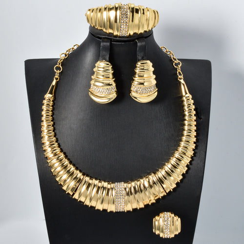 EU/US Import 18K Crescent Set Inlay Cubic Zirconia Contour Statement Necklace Bracelet Set Earrings Ring Wedding Women Set