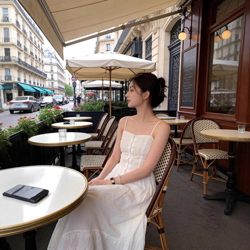 White Heavy Embroidery Camisole Dress, French Style Fitted A-Line