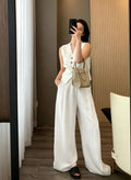 Summer Old Money Fashion Tencel Linen Sleeveless Wide Leg Pants + Vest 2-Piece Set