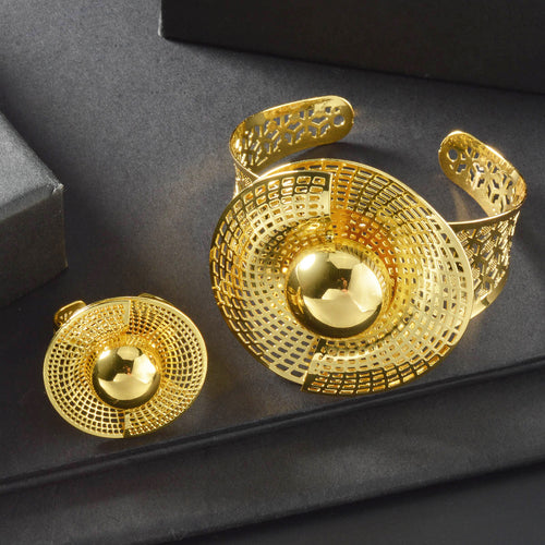 Overseas Copper Plated Texture Geometric Cutout Ring Bangle Western Fashionable Bestseller Versatile Niche Hand Jewelry Set