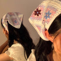 法式复古手工针织三角巾女春季甜美可爱钩花发带丝巾夏季镂空头巾