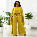Casual Plus Size Crew Neck Pleated Loose Pants + Top Set