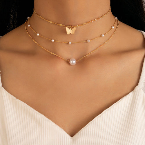 AliExpress Simple Choker Pearl Butterfly 3 Layer Necklace Geometric Beaded Chain Multi-Layer Clavicle Chain Women N6320