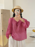 Women's Summer Ethnic Relaxed Ramie Embroidered 3/4 Sleeve V-Neck Loose Set 2026 - Pink Top