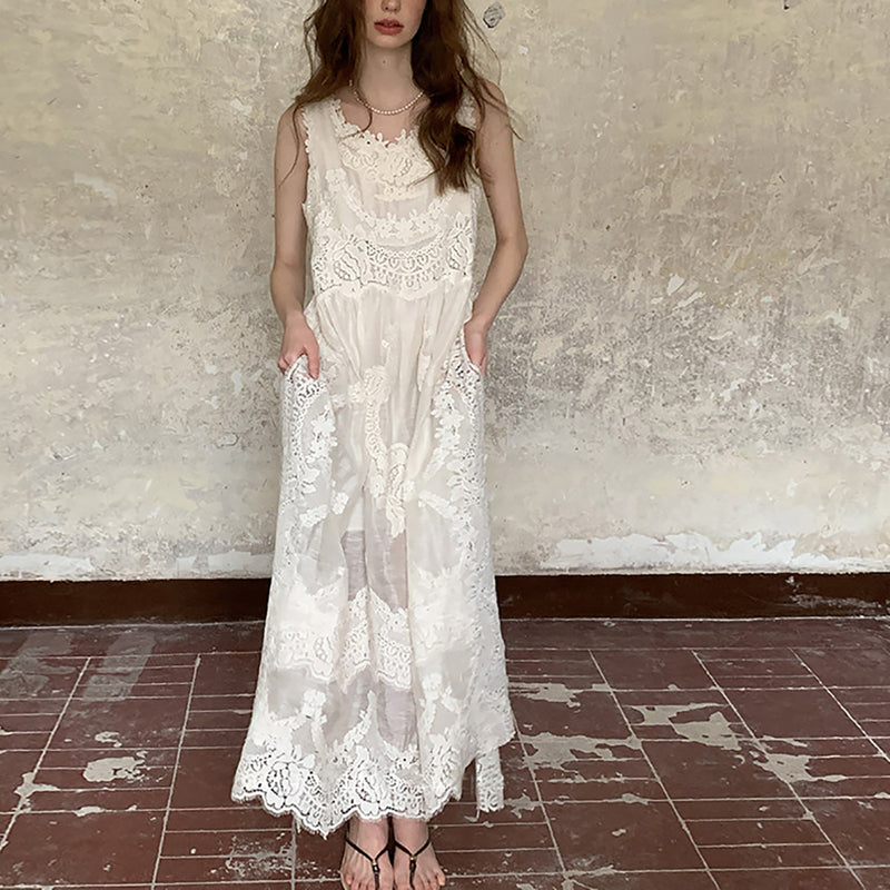 Lace Embroidered Chiffon Slit Tencel Long Dress, Vacation Style