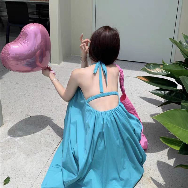 Backless Halter Tie Beach Long Dress, Sanya Vacation Style