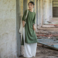 Women's Fall Zen Casual Ramie Linen Cotton Half Sleeve Dress + Long Skirt 2026 - Green