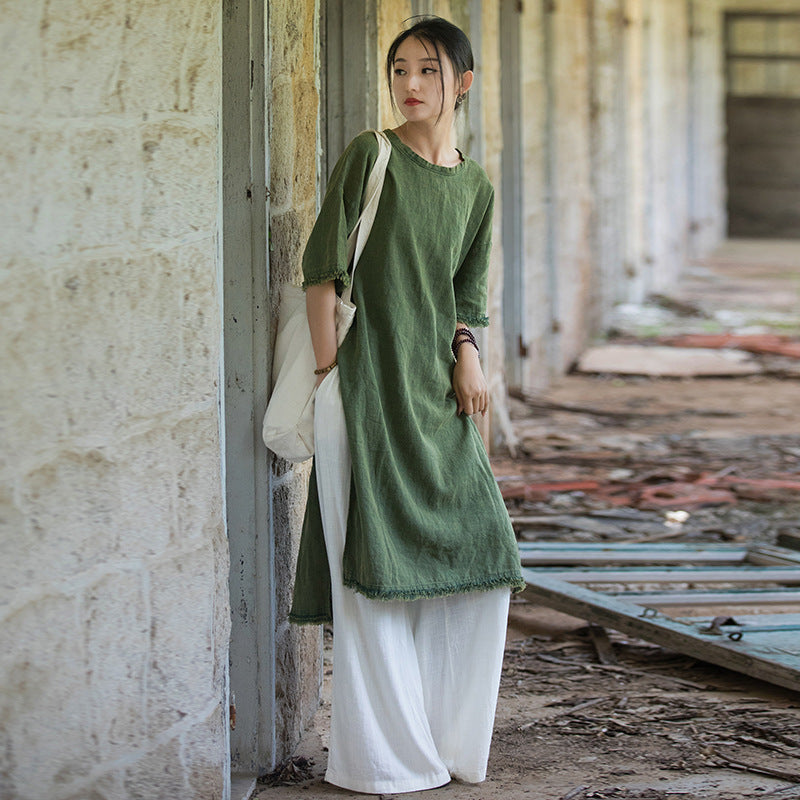 Women's Fall Zen Casual Ramie Linen Cotton Half Sleeve Dress + Long Skirt 2026 - Green