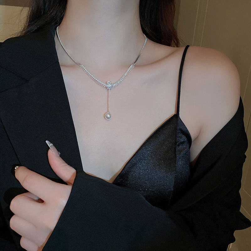 French Multi-Layer Pearl and Rhinestone Necklace - view 2