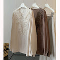 Summer Slimming Linen Cotton Lace Long Sleeve V-Neck Patchwork Heavy Shirt