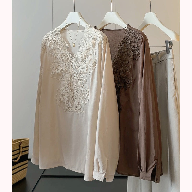 Summer Slimming Linen Cotton Lace Long Sleeve V-Neck Patchwork Heavy Shirt