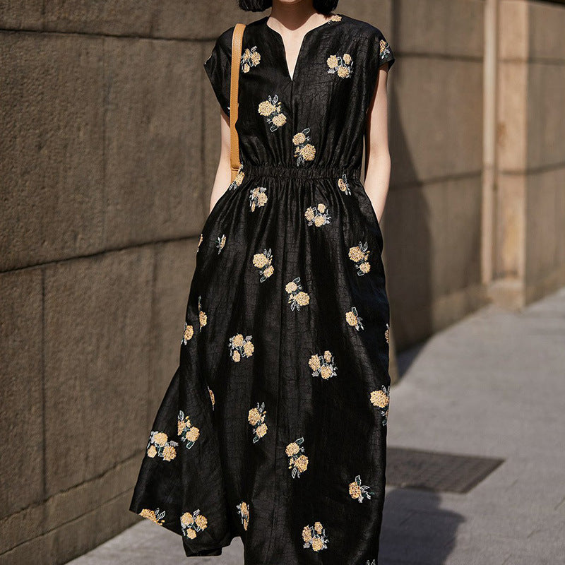 Silk Embroidered Little Black A-Line Dress, Summer