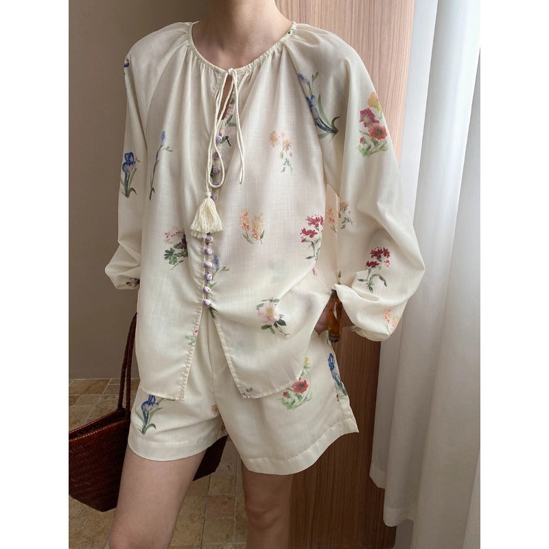 New Chinese Retro Tie-Front Floral Fringe Skirt + Shirt + Shorts 3-Piece Set
