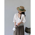 Tencel Linen Lantern Sleeve V-Neck Loose Lantern Shirt
