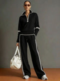Sporty Casual Stand Collar Color-Block Wide Leg Pants + Hoodie 2-Piece Set