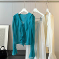 Summer Korean Fashion Flared Sleeve Tie-Front Ruffle Sun-Protection Shirt