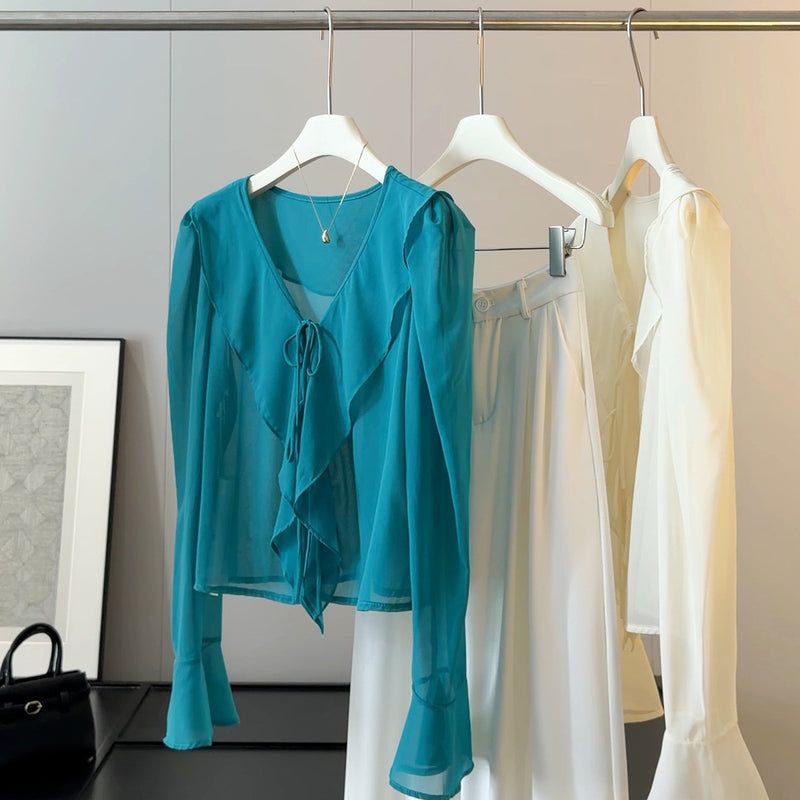 Summer Korean Fashion Flared Sleeve Tie-Front Ruffle Sun-Protection Shirt