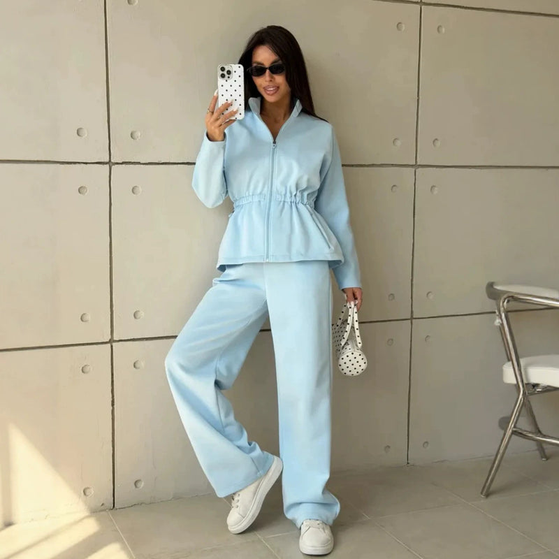 Fall-Winter Slimming Stand Collar Waist-Tie Loose Pants + Top 2-Piece Set