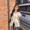 Summer Elegant Slimming Square Neck Tie-Front Waist-Tie Shirt