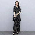 Summer Fashion Elegant Plus Size Chiffon Waist-Tie Loose Wide Leg Pants 2-Piece Set